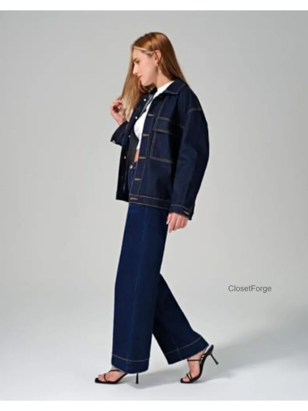 Oversized Denim Jacket with Flap Chest Pockets Casual Jean Coat